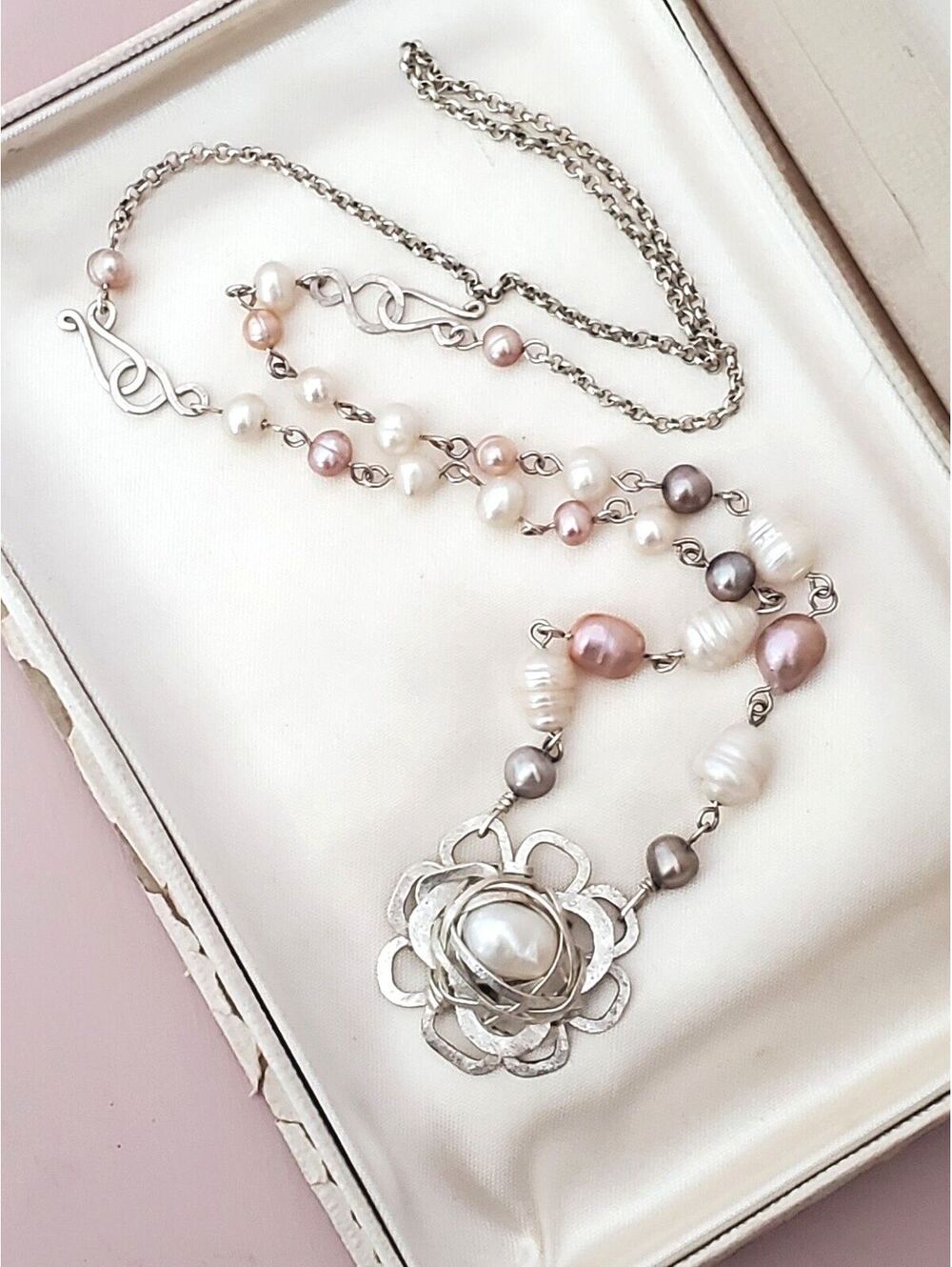 Freshwater Cultured White Pink and Gray Pearl Flower Shape Wrapped Necklace